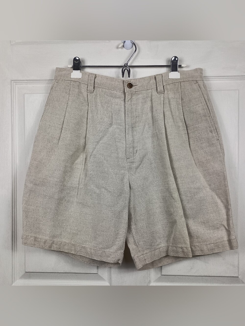Vintage 90s Dockers Linen Shorts Mens 34 Khaki Pleated 7.5" Pckts Coastal Resort